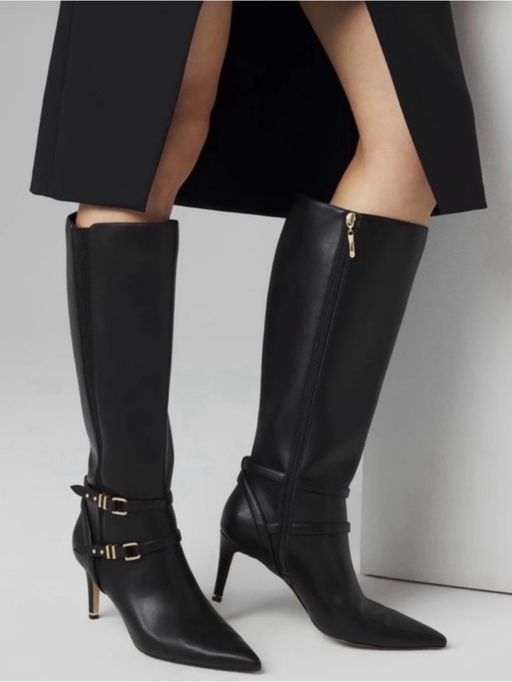 Black Leather Knee-High Pointed-Toe Heeled Boots with Gold Accents